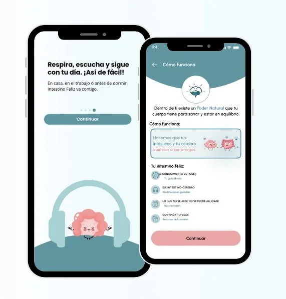 Pantallas de teléfono móvil mostrando una app de meditación y bienestar, con una ilustración de un cerebro y intestino con cara feliz y una persona relajada con audífonos.