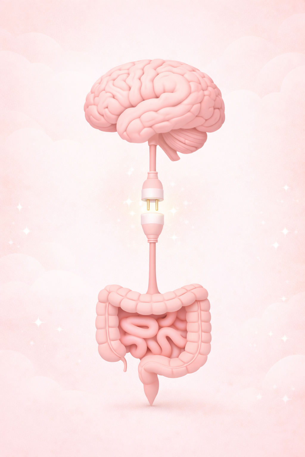 Dibujo en tono rosa de un cerebro conectado a un aparato eléctrico que alimenta los intestinos internos