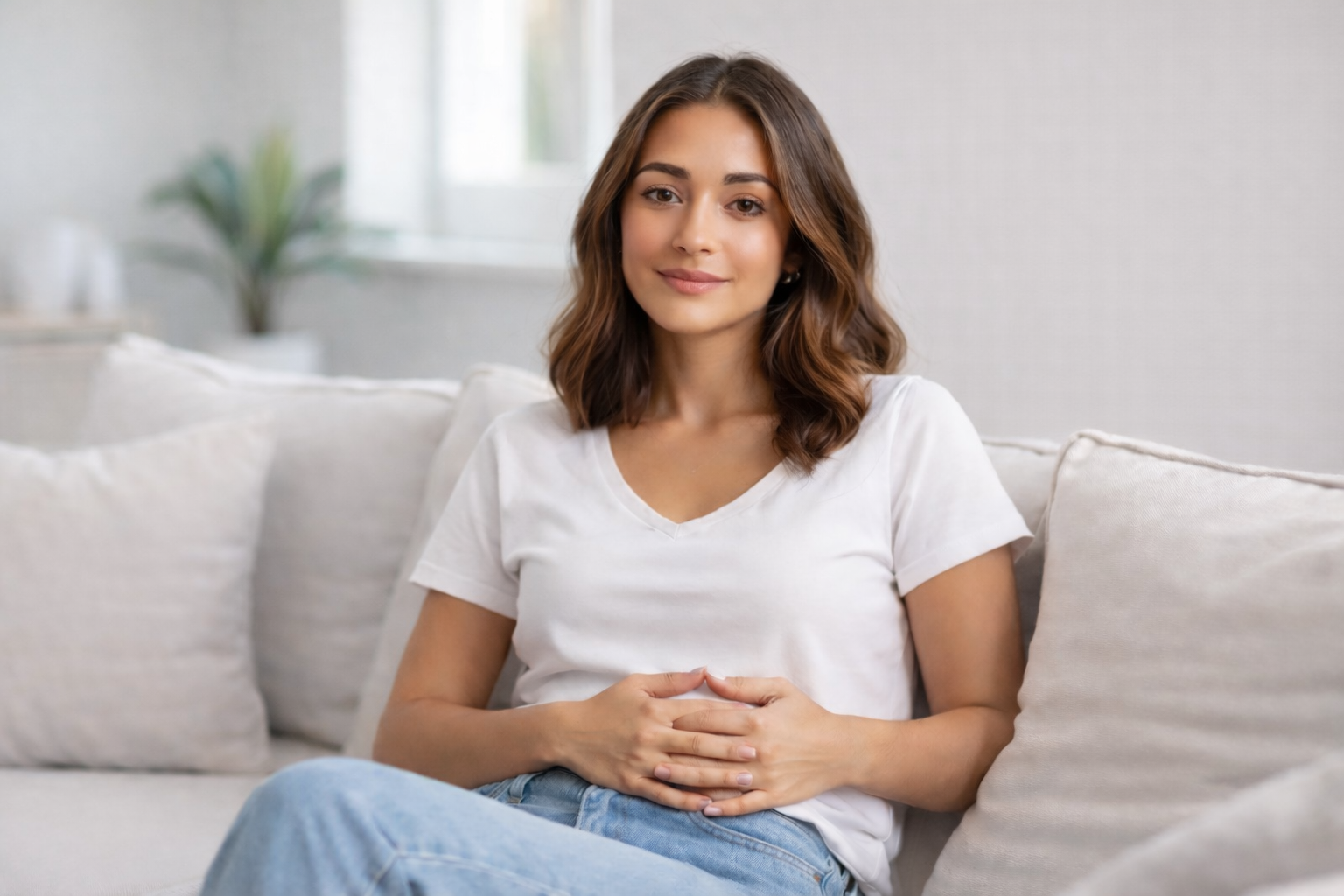 Una joven mujer con cabello castaño y suelto, sonriendo, sentada en un sofá beige en una sala luminosa, con fondo de pared clara y planta en una esquina.