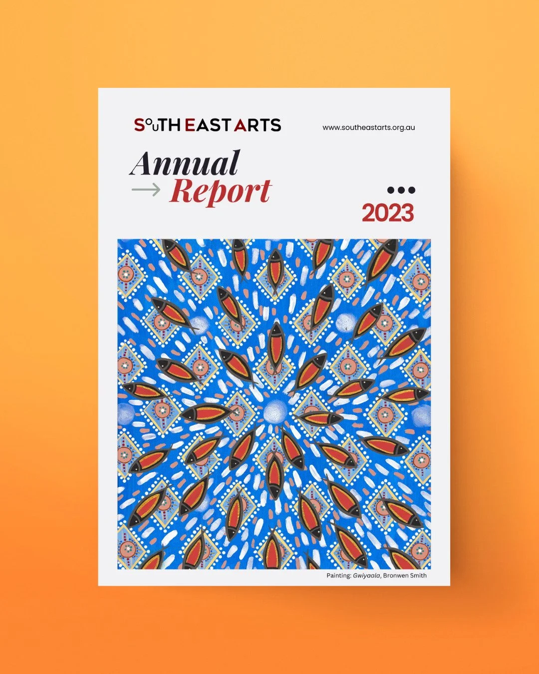 In print this month. The South East Arts Annual Report 2023. 🧡

A digital flip book is now online for viewing at southeastarts.org.au

Cover painting: Gwiyaala, Bronwen Smith