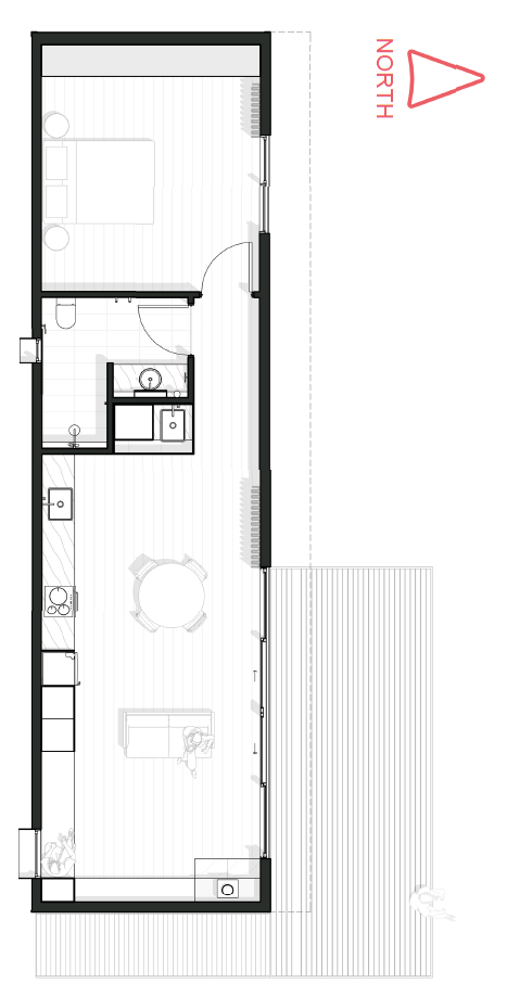 Floor plan of the One - a one bedroom retreat with one bedroom, one bathroom, open plan kitchen, living area with a dining table, and an outdoor deck or patio area.