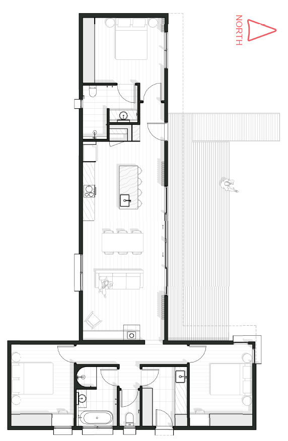 Floor plan of the Three - a three bedroom, two bathroom modular home with separate laundry, large open plan living, kitchen and dining area. Built using 2 modules with an optional adjoining deck.