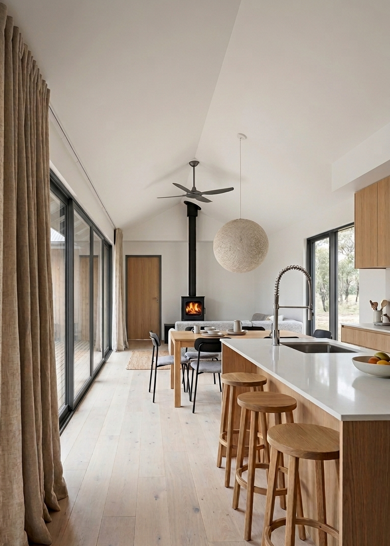 Open-concept living and kitchen area of The Three modular design, with light wood floors, beige curtains, large sliding glass doors, a modern fireplace, a large kitchen bench and modern cabinetry.
