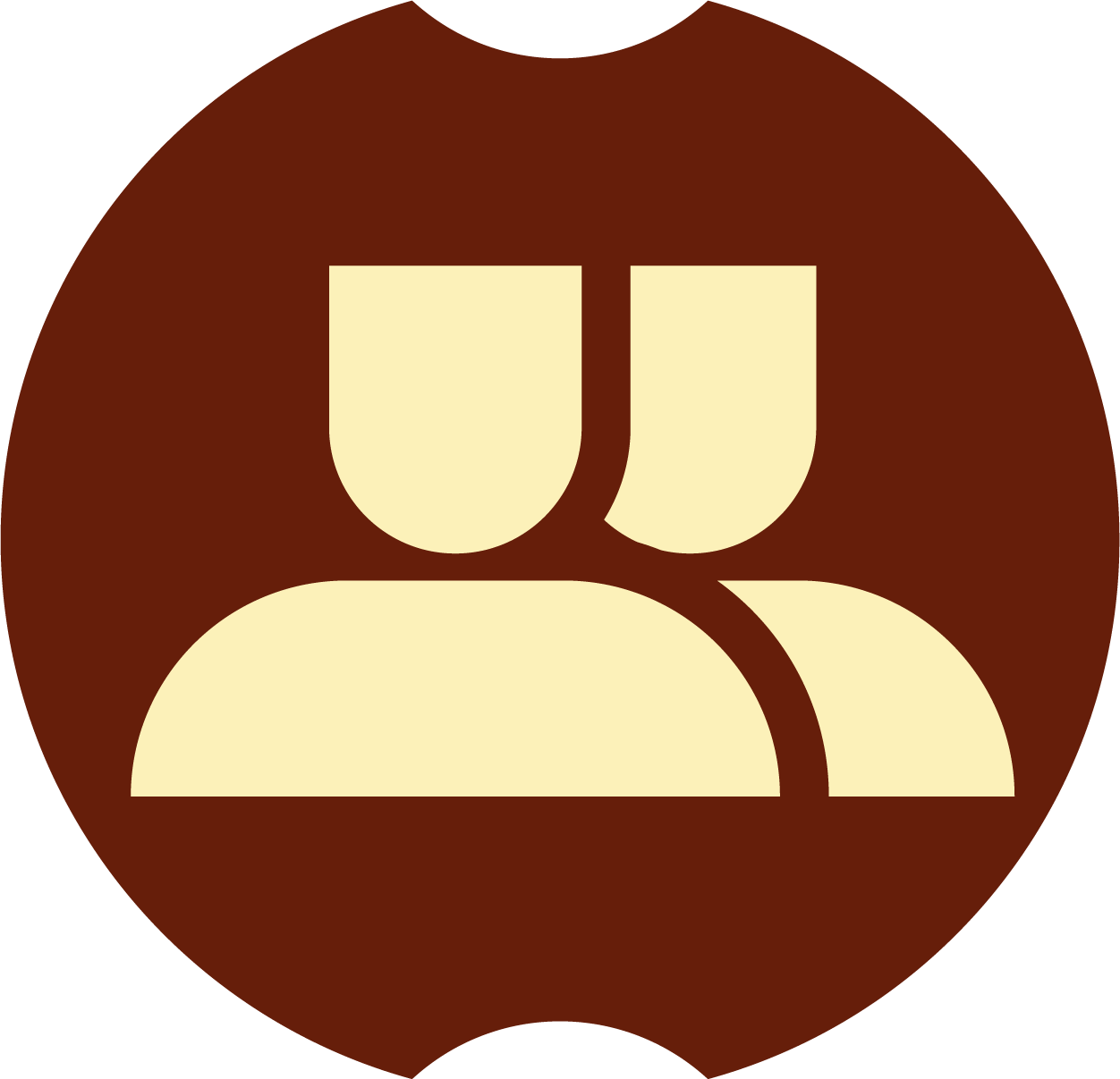 Icon of two stylized human silhouettes, one larger and one smaller, on a brown circular background.