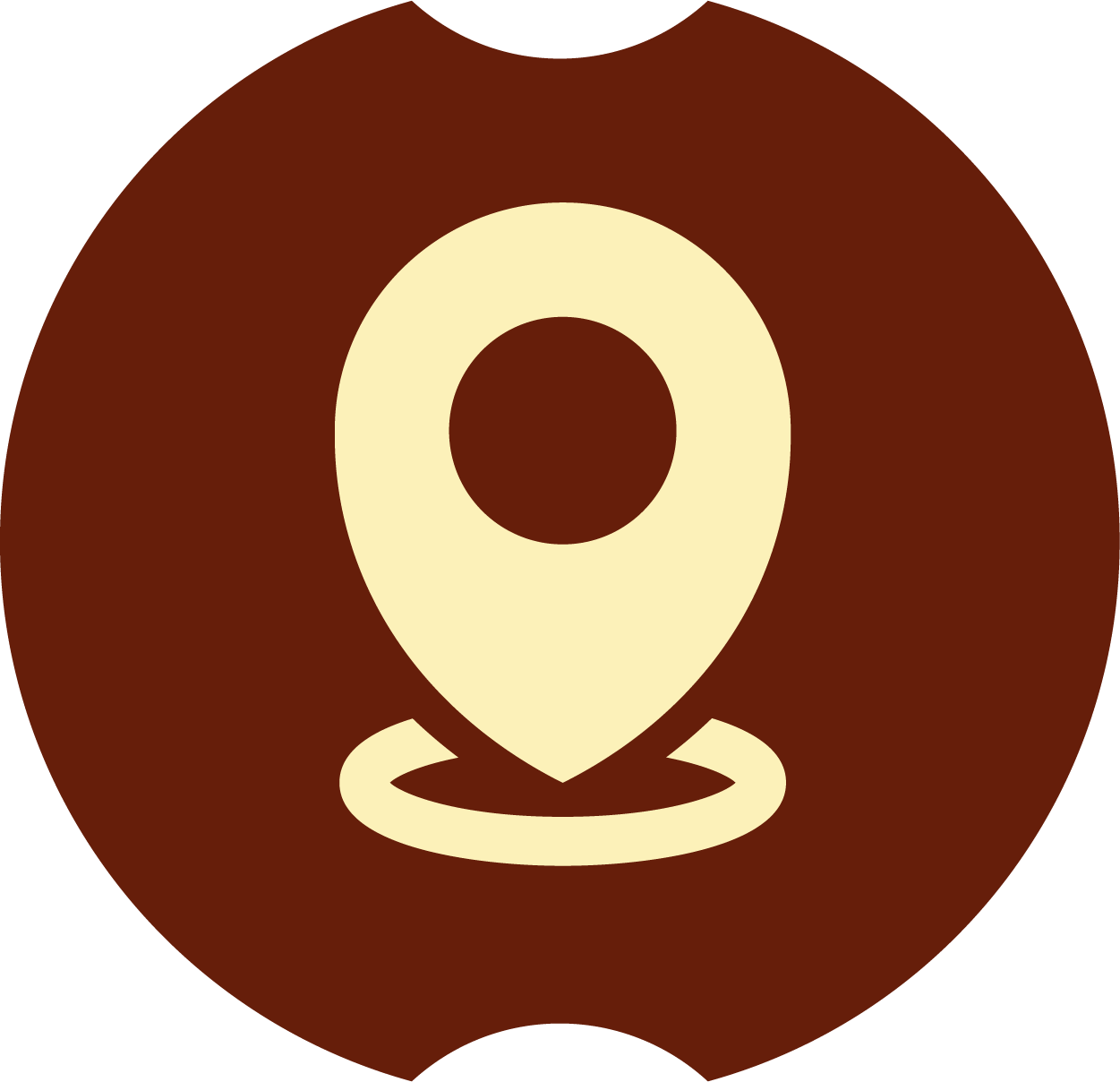 Icon of a map location pin on a brown circular background.