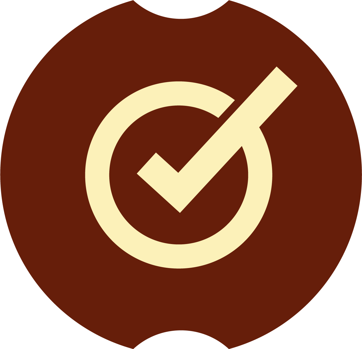 A circular icon with a brown background and a beige checkmark inside a circle, indicating approval or completion.