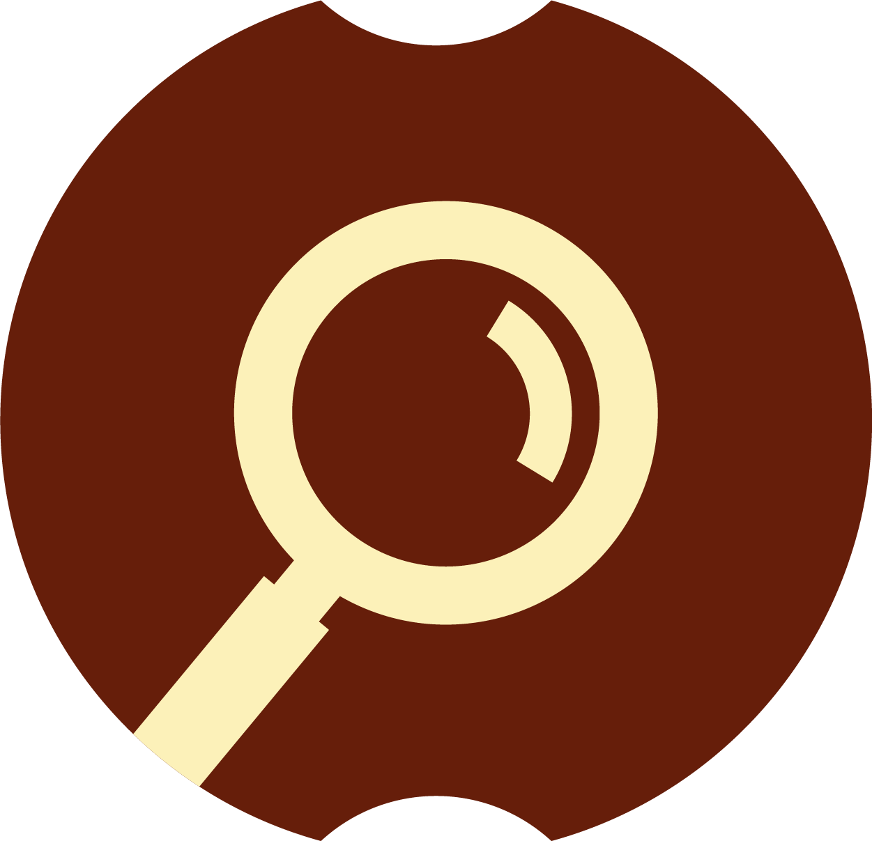 A magnifying glass icon centered on a brown circular background.