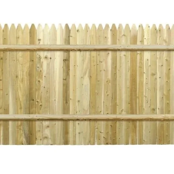 Wooden privacy fence with vertical planks and decorative pointed tops.