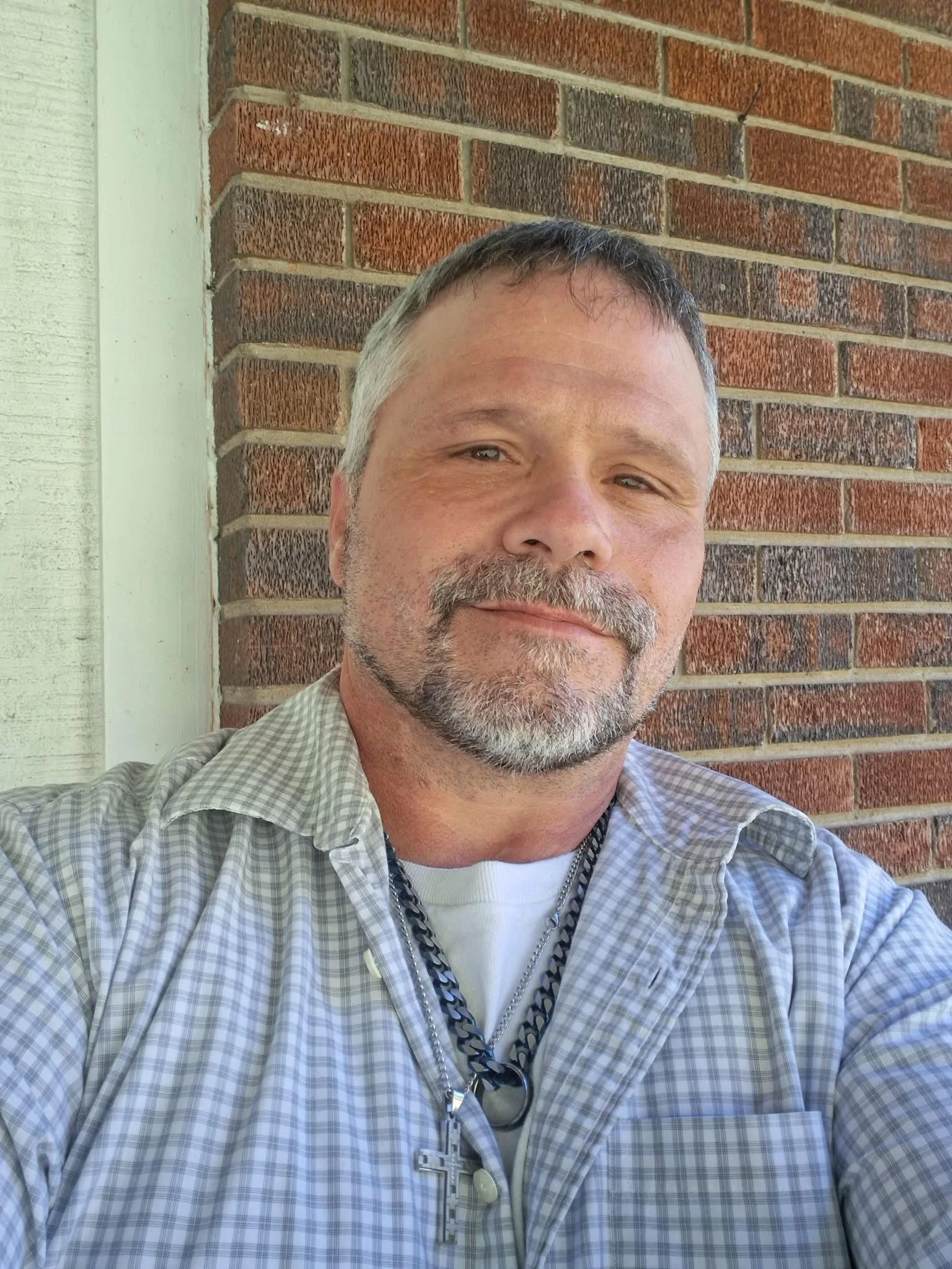 A man with gray hair and a beard, wearing a checkered shirt, standing against a brick wall, smiling slightly at the camera.