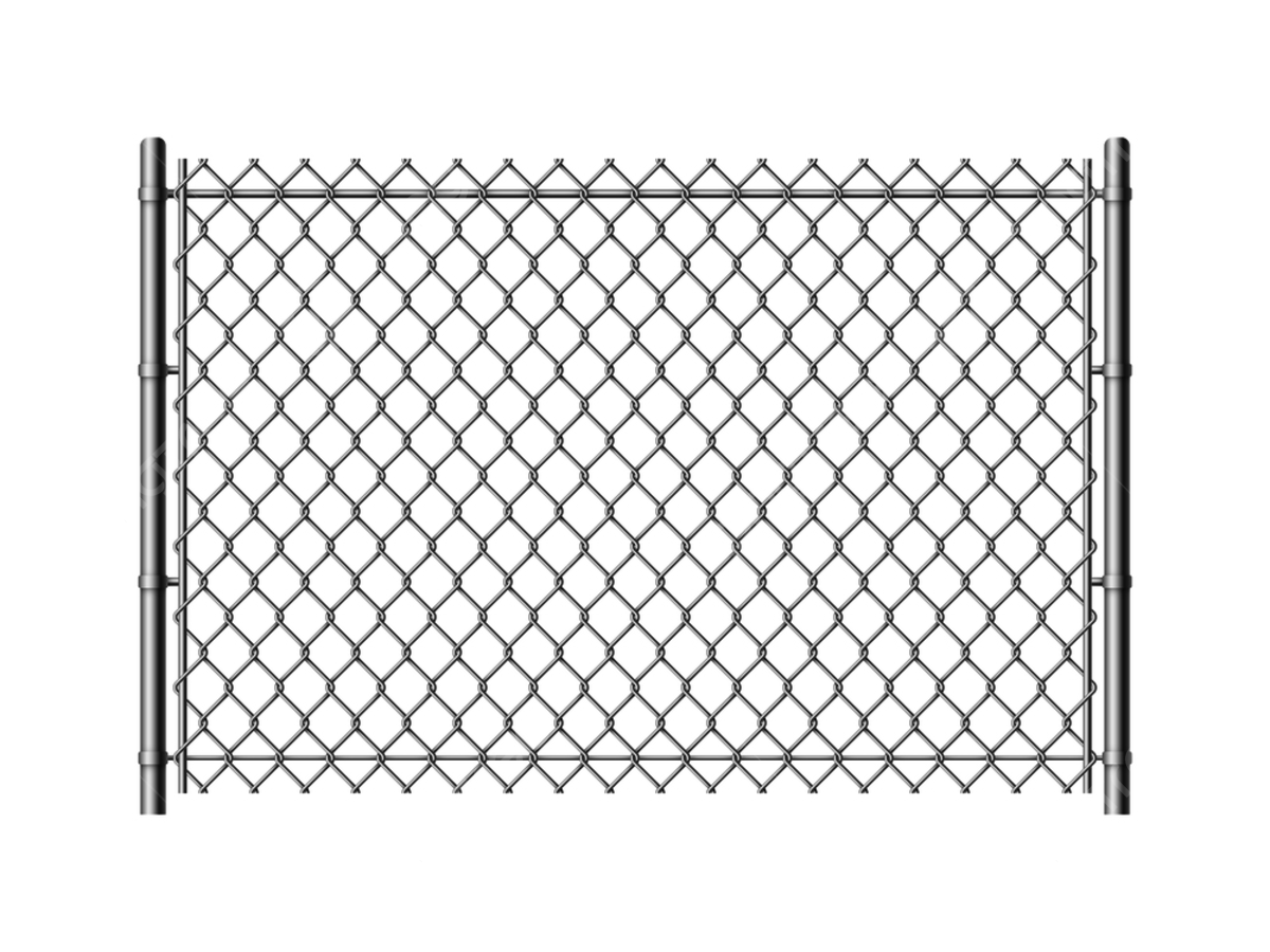 Metal chain-link fence with two vertical posts on a white background.