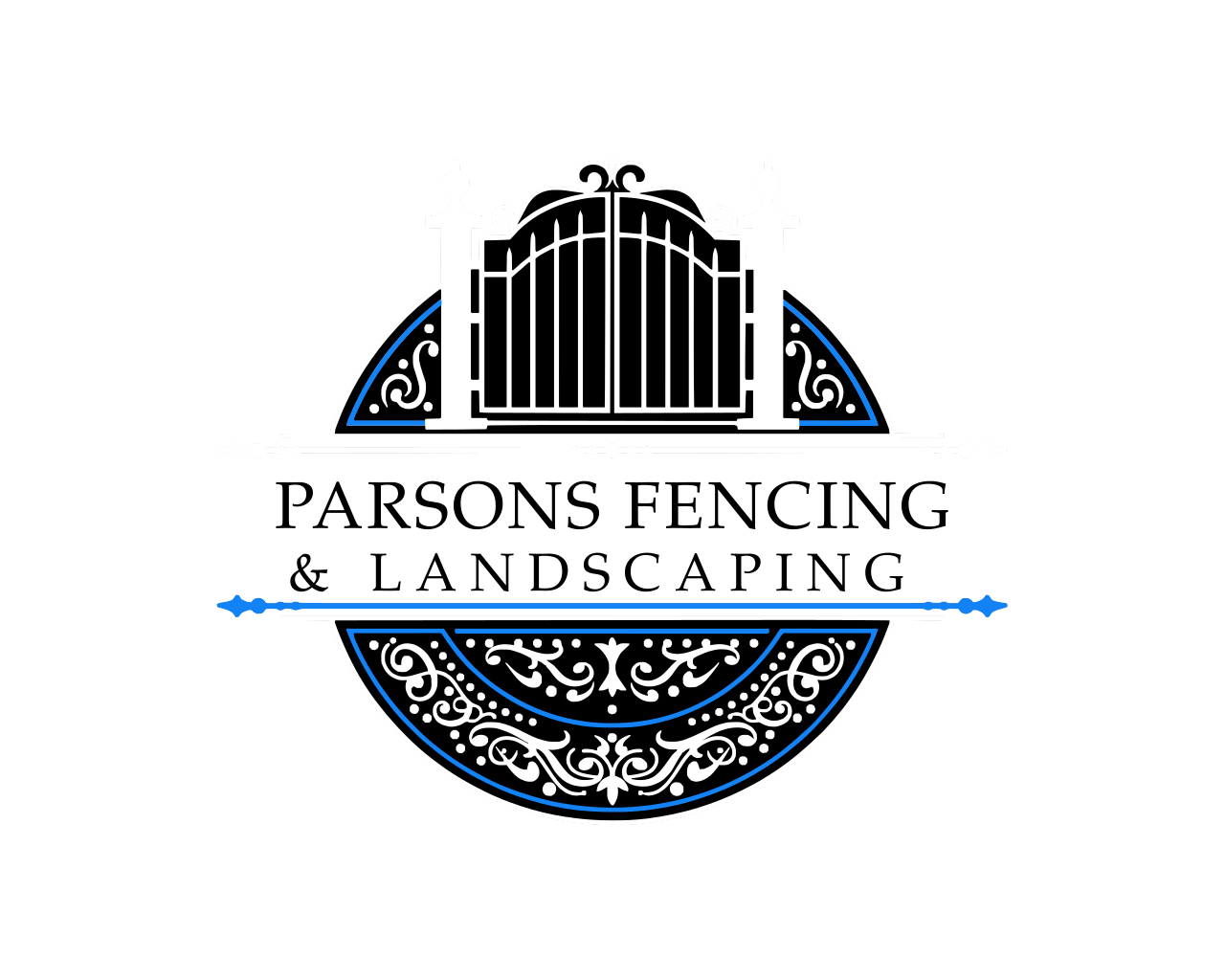 Logo for Parsons Fencing & Landscaping featuring a decorative gate and ornamental design elements.