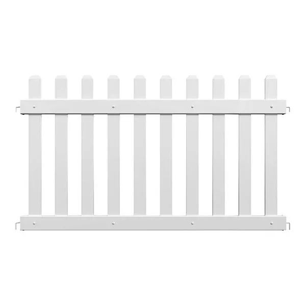 White wooden picket fence with vertical slats and horizontal supports.