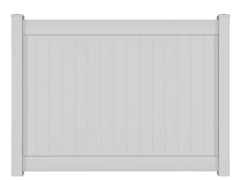 A white vinyl privacy fence with two posts on each side and vertical panels.