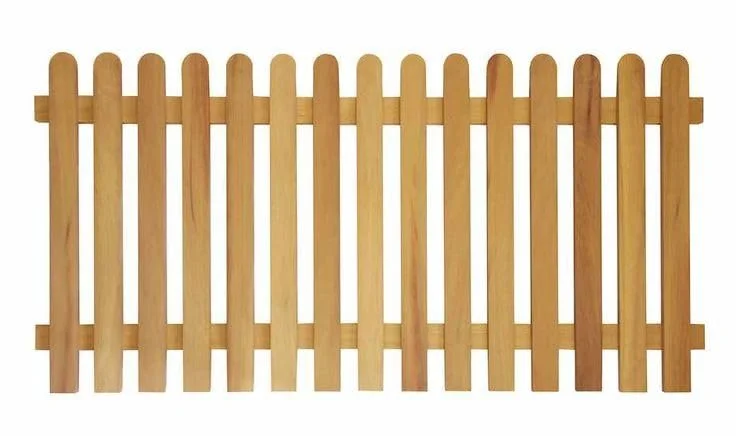 A wooden picket fence with vertical slats and rounded tops.