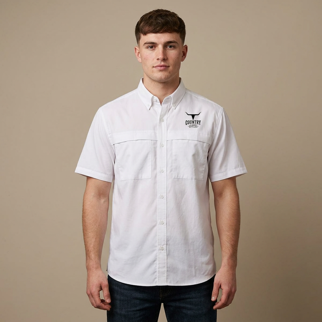 Embroidered Short Sleeve Work Shirt with Longhorn Logo