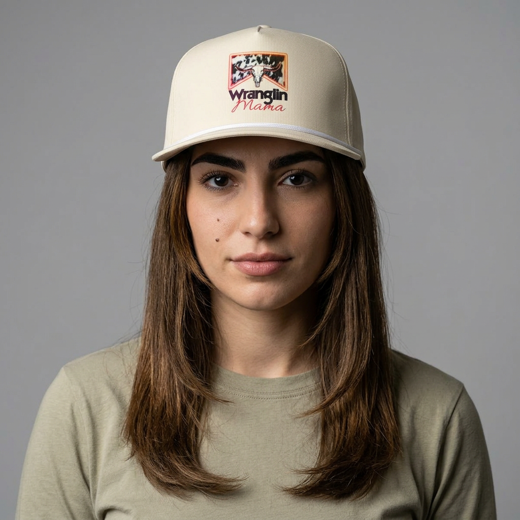 Wranglin' Mama Rope Cap — Sunwashed Cowhide Patch Trucker Hat