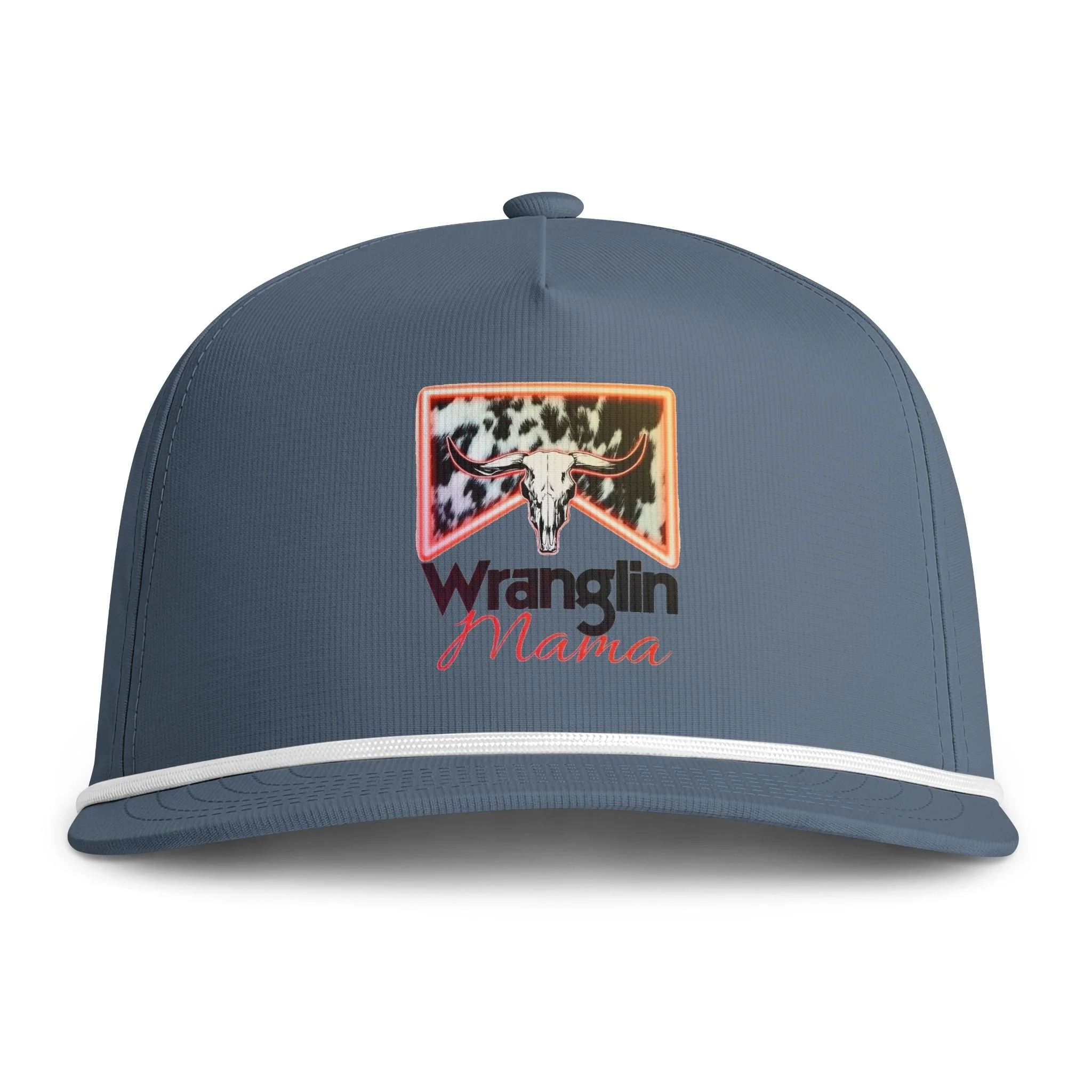 Wranglin' Mama Rope Cap — Sunwashed Cowhide Patch Trucker Hat