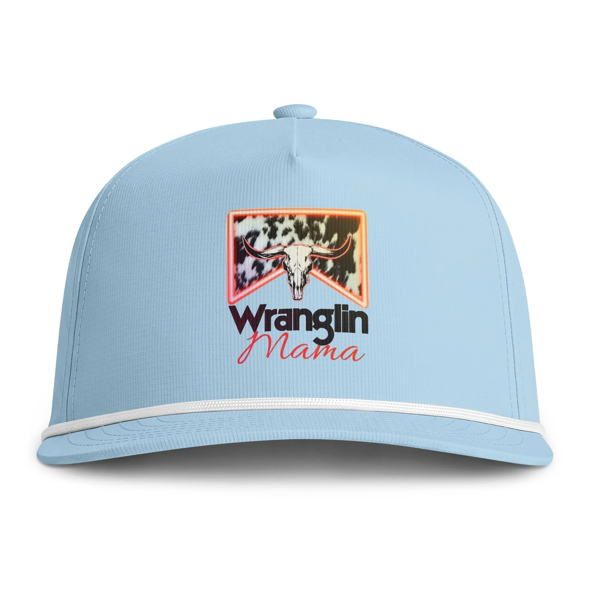 Wranglin' Mama Rope Cap — Sunwashed Cowhide Patch Trucker Hat