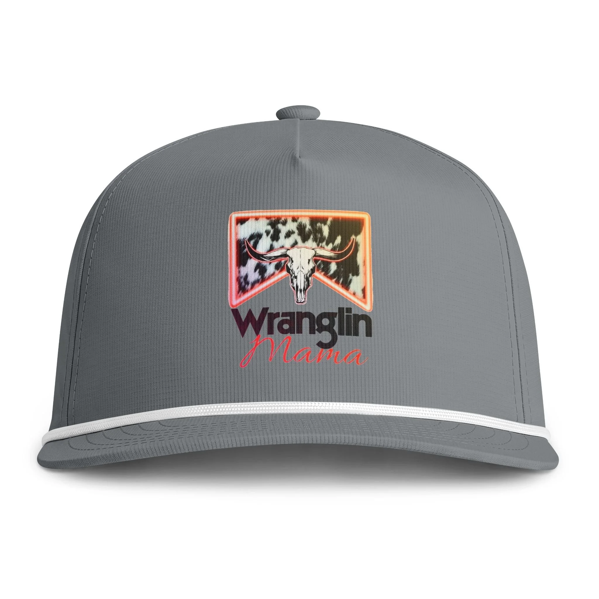 Wranglin' Mama Rope Cap — Sunwashed Cowhide Patch Trucker Hat