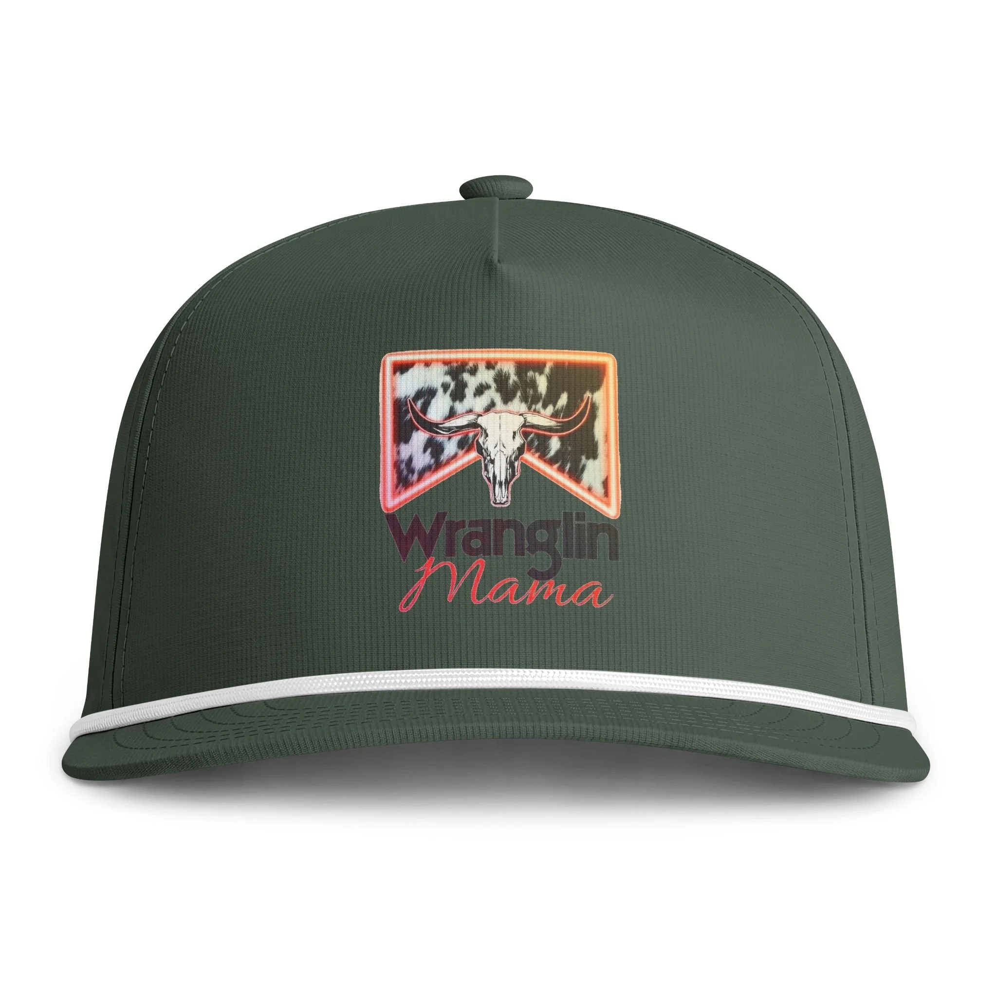 Wranglin' Mama Rope Cap — Sunwashed Cowhide Patch Trucker Hat