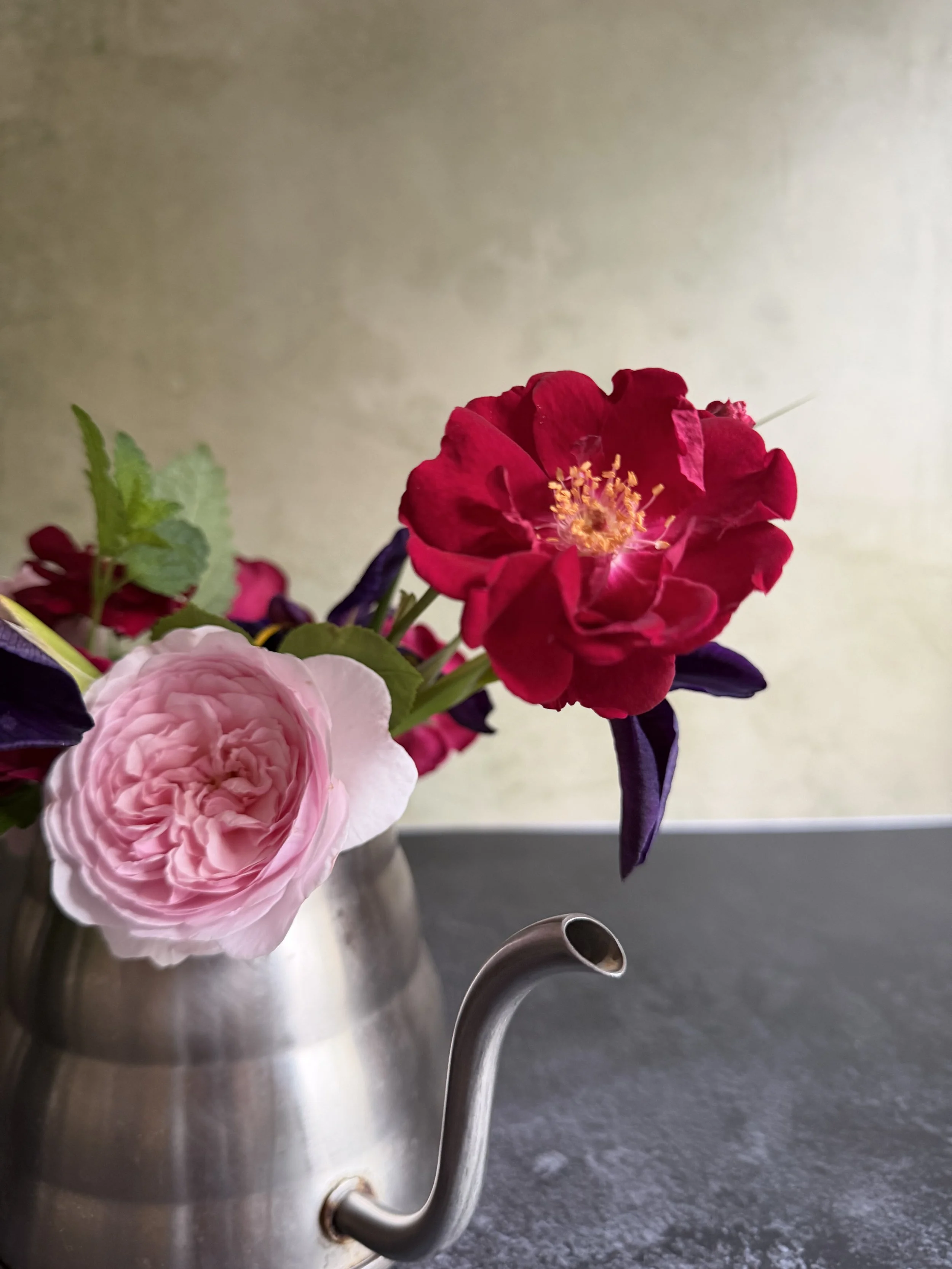 A bouquet of mixed flowers, including pink, purple, and red blossoms, in a brushed metal pitcher with a curved handle, placed on a dark surface against a neutral background.