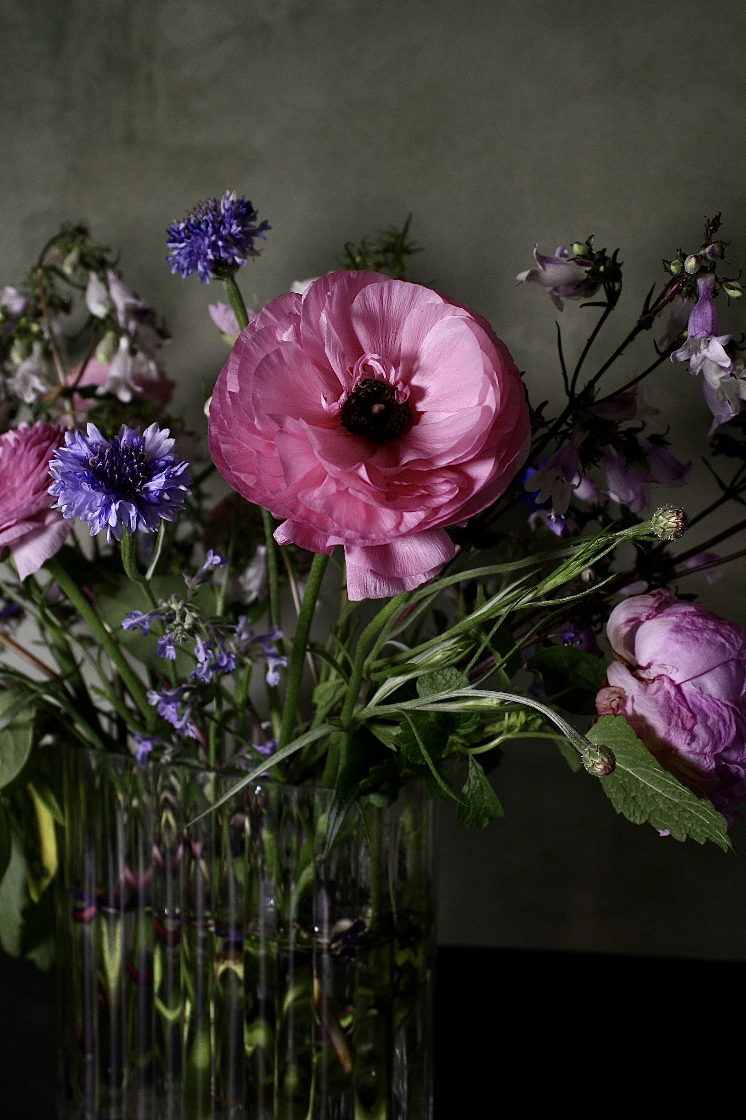 A close-up photo of a bouquet of flowers featuring pink ranunculus, purple cornflowers, and other mixed blooms and greenery, set against a dark background.