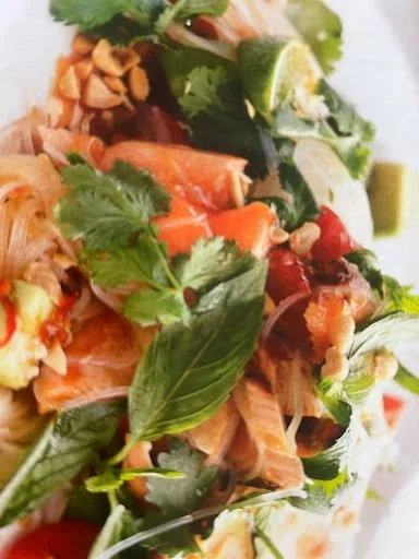 Chilli salmon noodle salad with lime and herbs