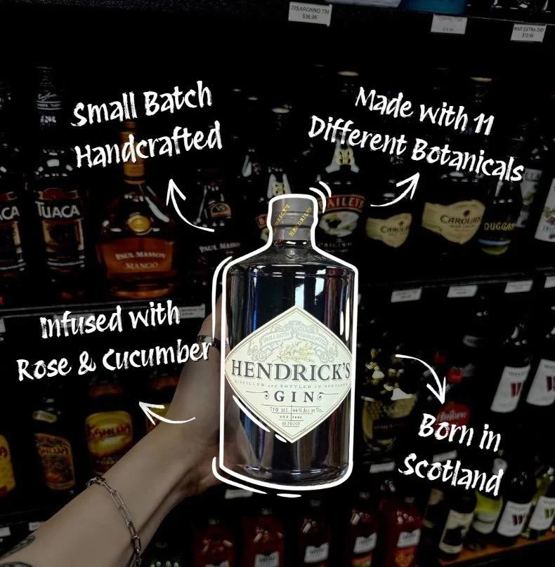 A hand holding a Hendrick's gin bottle with annotations indicating it is small batch, handcrafted, infused with rose and cucumber, made with 11 different botanicals, and born in Scotland.