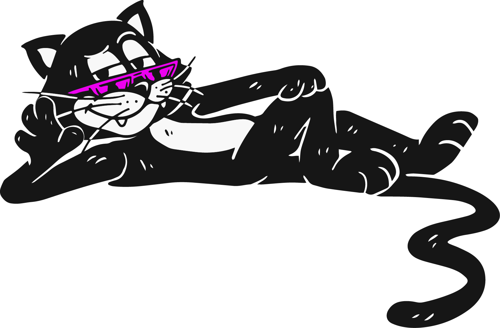 Cartoon black cat lying on its side, wearing purple sunglasses, with a relaxed expression.