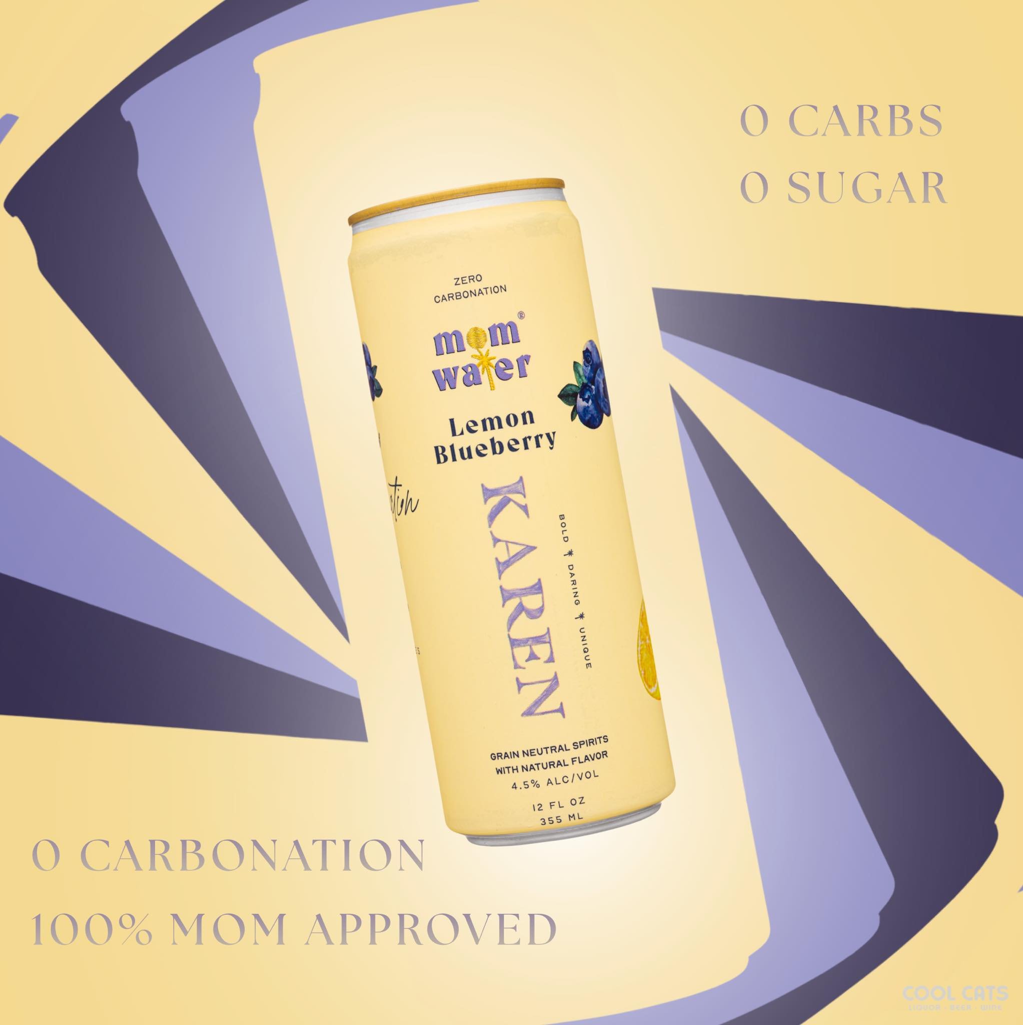 A can of Mom Water Lemon Blueberry flavored beverage with text highlighting zero carbs, zero sugar, and 100% Mom approved, with a colorful background and abstract design.
