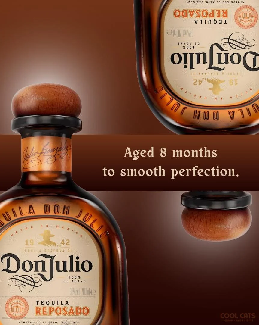 The image shows a bottle of Don Julio tequila and two upside down shot glasses, with the label indicating aged 8 months. The background is brown, with text in the middle stating "Aged 8 months to smooth perfection."