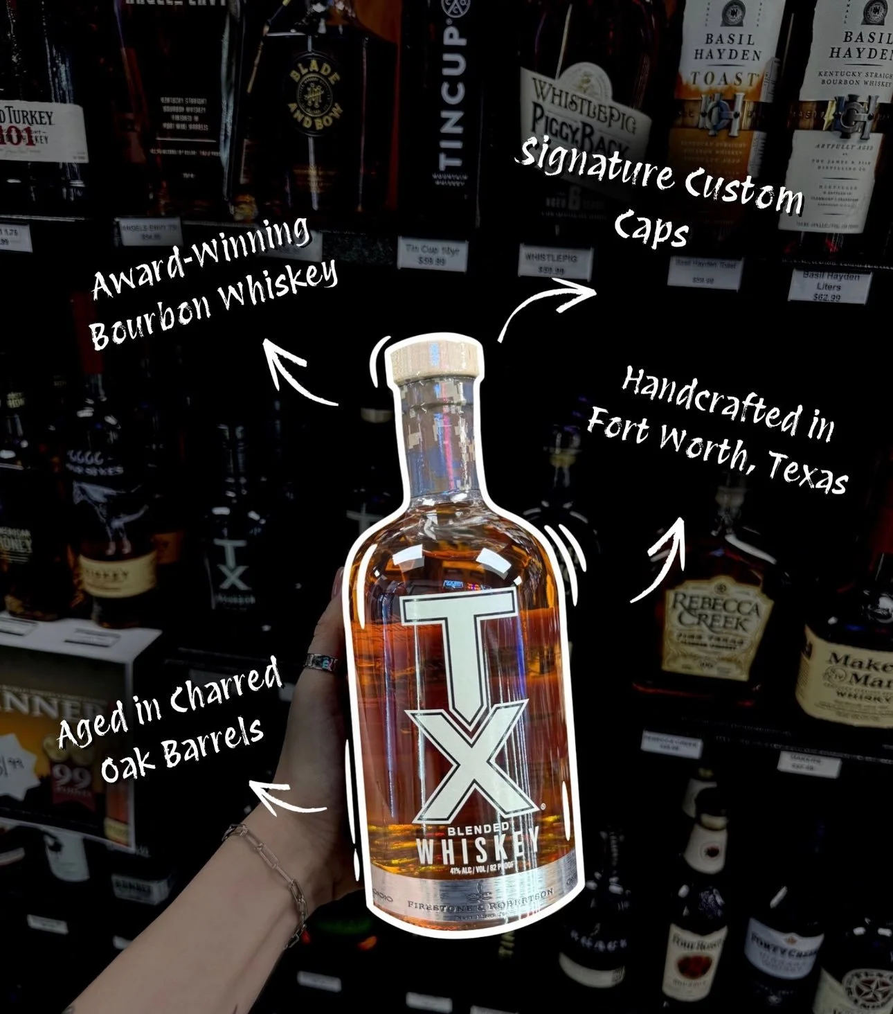 Hand holding a bottle of whiskey with handwritten annotations highlighting features: award-winning bourbon whiskey, signature custom caps, handcrafted in Fort Worth, Texas, aged in charred oak barrels.