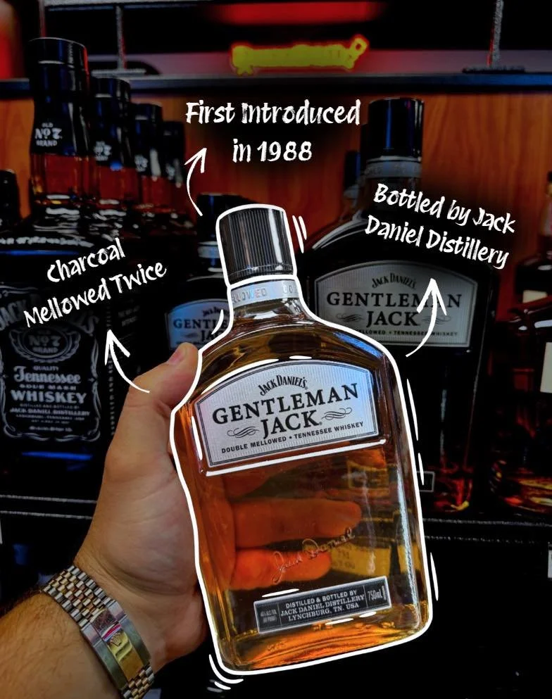A person holding a bottle of Jack Daniel's Gentleman Jack whiskey in front of a shelf with other whiskey bottles, with handwritten annotations indicating its history and origin.