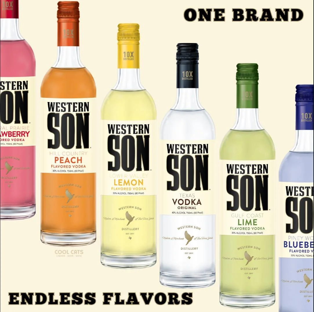 A lineup of six Western Son flavored vodka bottles in different flavors: Strawberry, Peach, Lemon, Vodka Original, Lime, and Blueberry, with bold black text above that reads 'One Brand' and below 'Endless Flavors'.