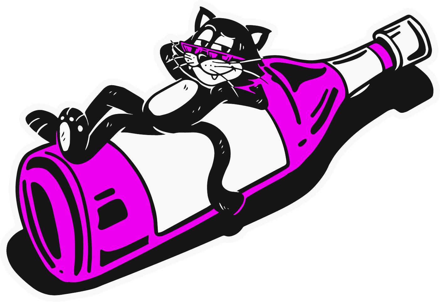 Cartoon cat with sunglasses, sitting inside a large bottle of purple liquid with a tail wrapped around it.