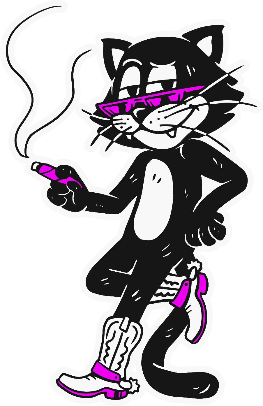 Cartoon black cat wearing pink sunglasses, holding a lit cigarette, and wearing a sock on one foot and a boot on the other, with a confident stance.