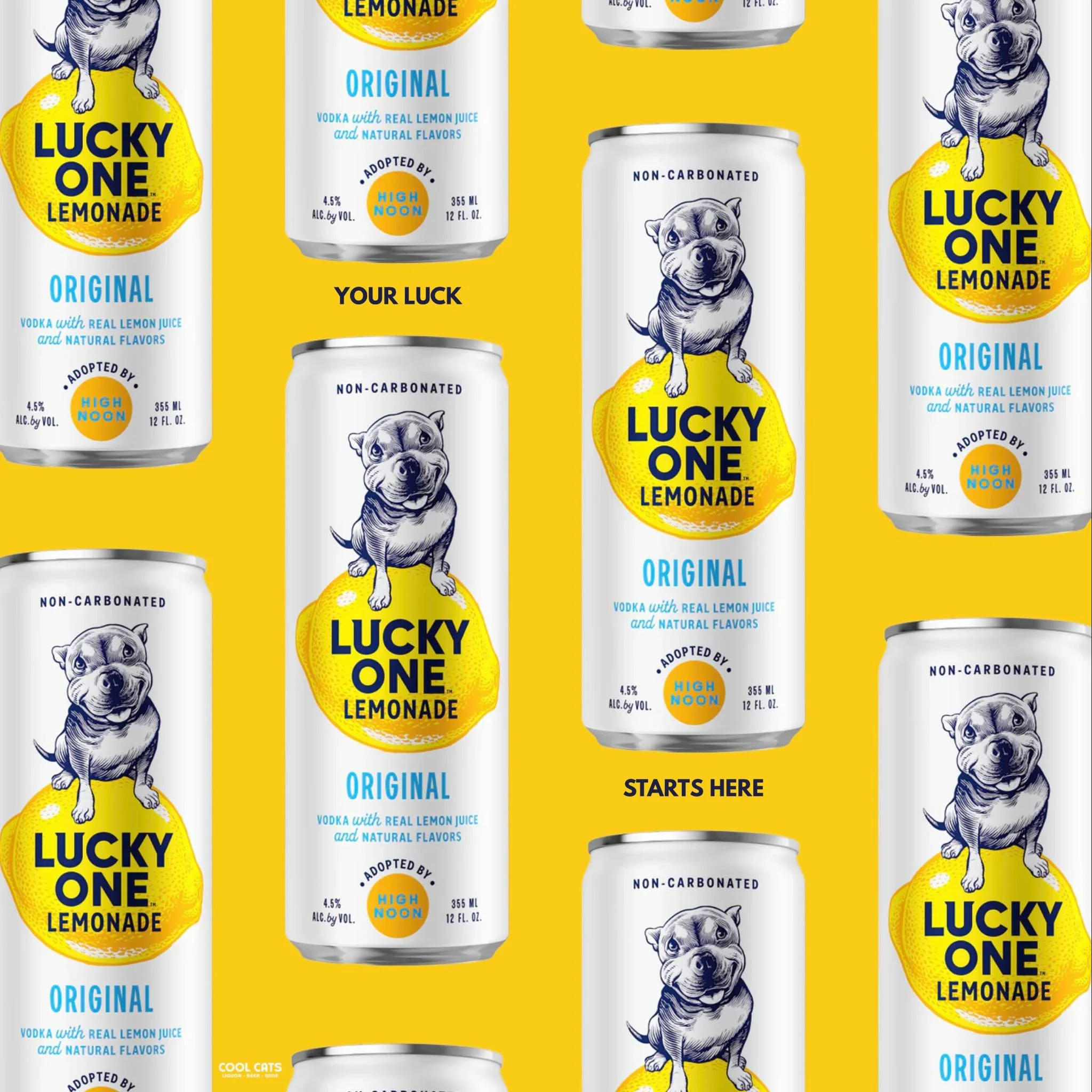 Pattern of Lucky One Lemonade cans with yellow background, featuring a cartoon dog sitting on a lemon, labeled 'Lucky One Lemonade' and 'Original'.