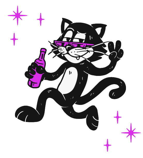 Cartoon black and white cat wearing purple sunglasses, holding a purple bottle, making a peace sign, with purple stars around, on black background.