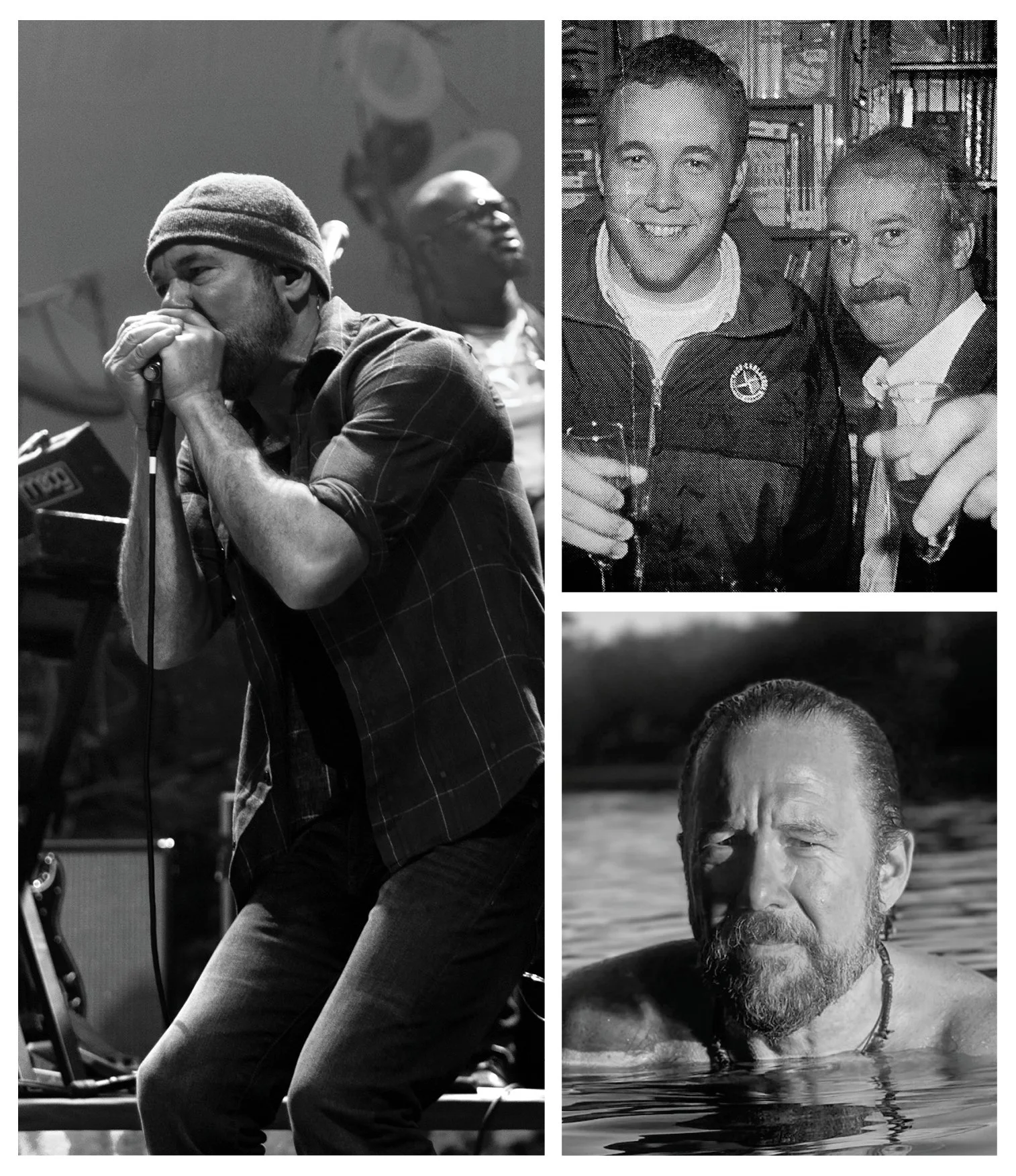 Collage of three black-and-white photos featuring men in different settings. The left photo shows a man singing or performing on stage, wearing a beanie, with a microphone. The top right photo displays two men smiling at a bar, one holding a glass of beer, with bookshelves in the background. The bottom right photo features a man with a beard and long hair, partially submerged in water, looking into the camera.