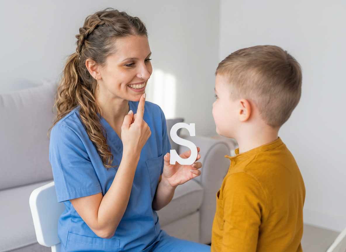 Leah teaches a young boy the letter S.