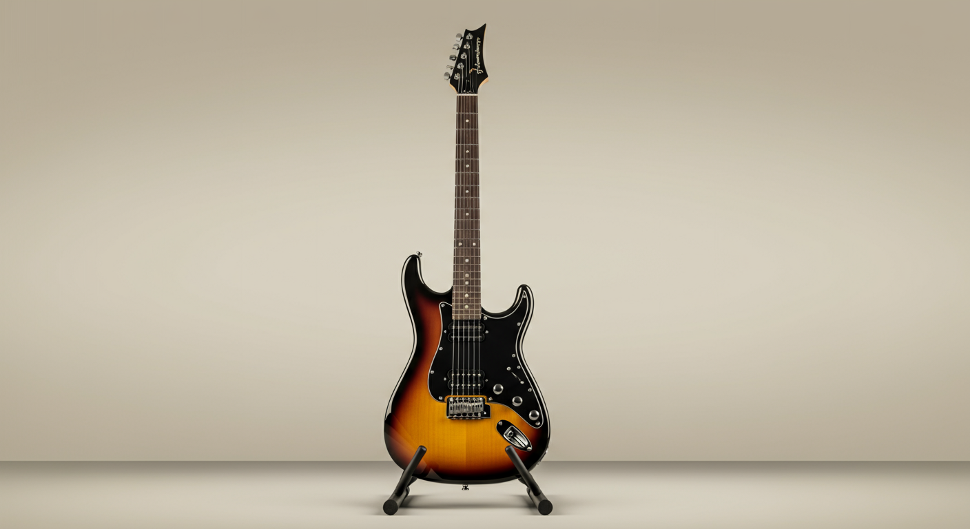 Electric guitar with sunburst finish standing on a black stand against a plain wall.