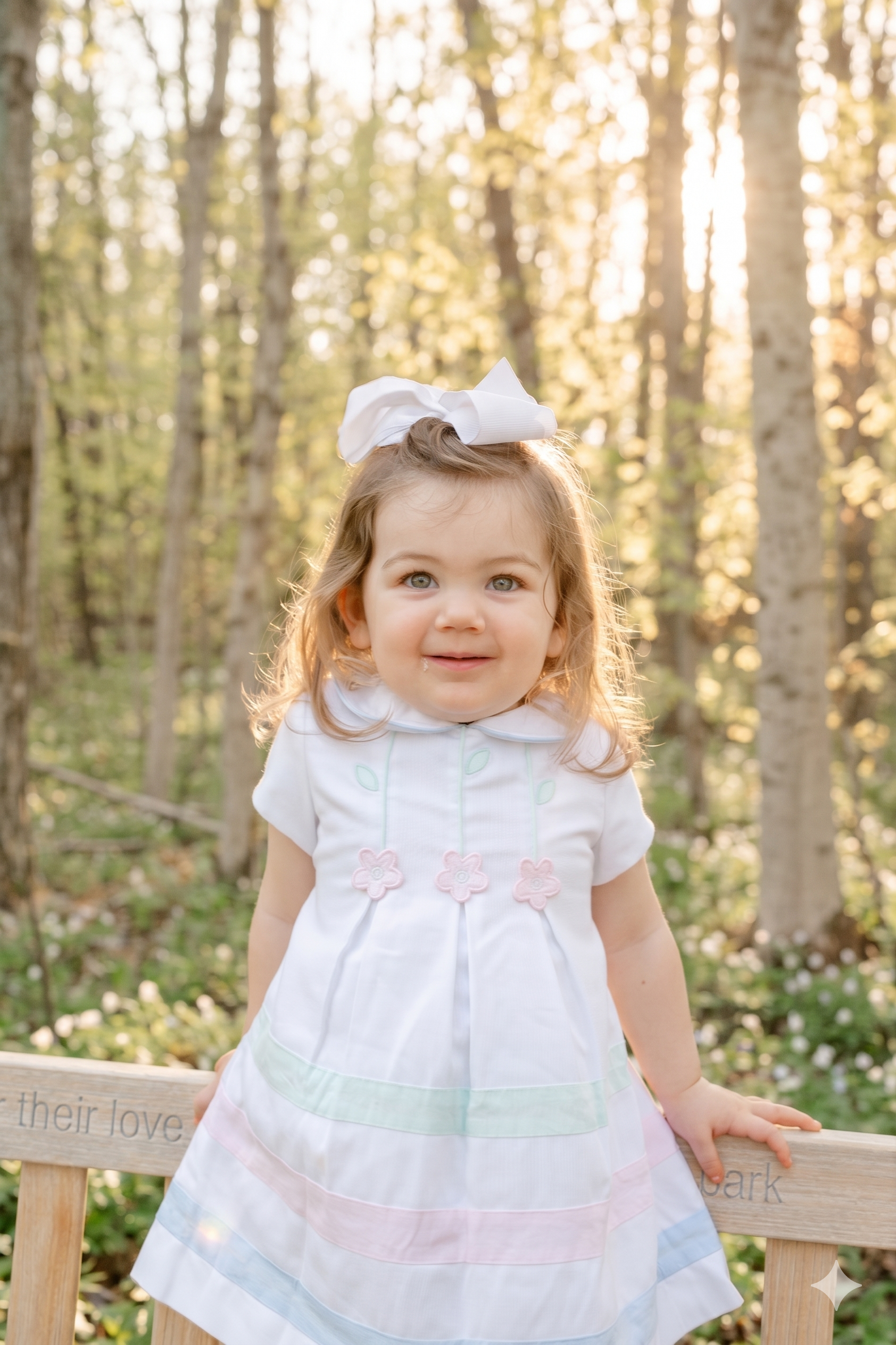 A young girl with blonde hair, blue eyes, and a white bow in her hair, standing outdoors in a wooded area during daylight. She is wearing a white dress with pastel-colored stripes and pink flower details, and is sitting on a wooden bench.