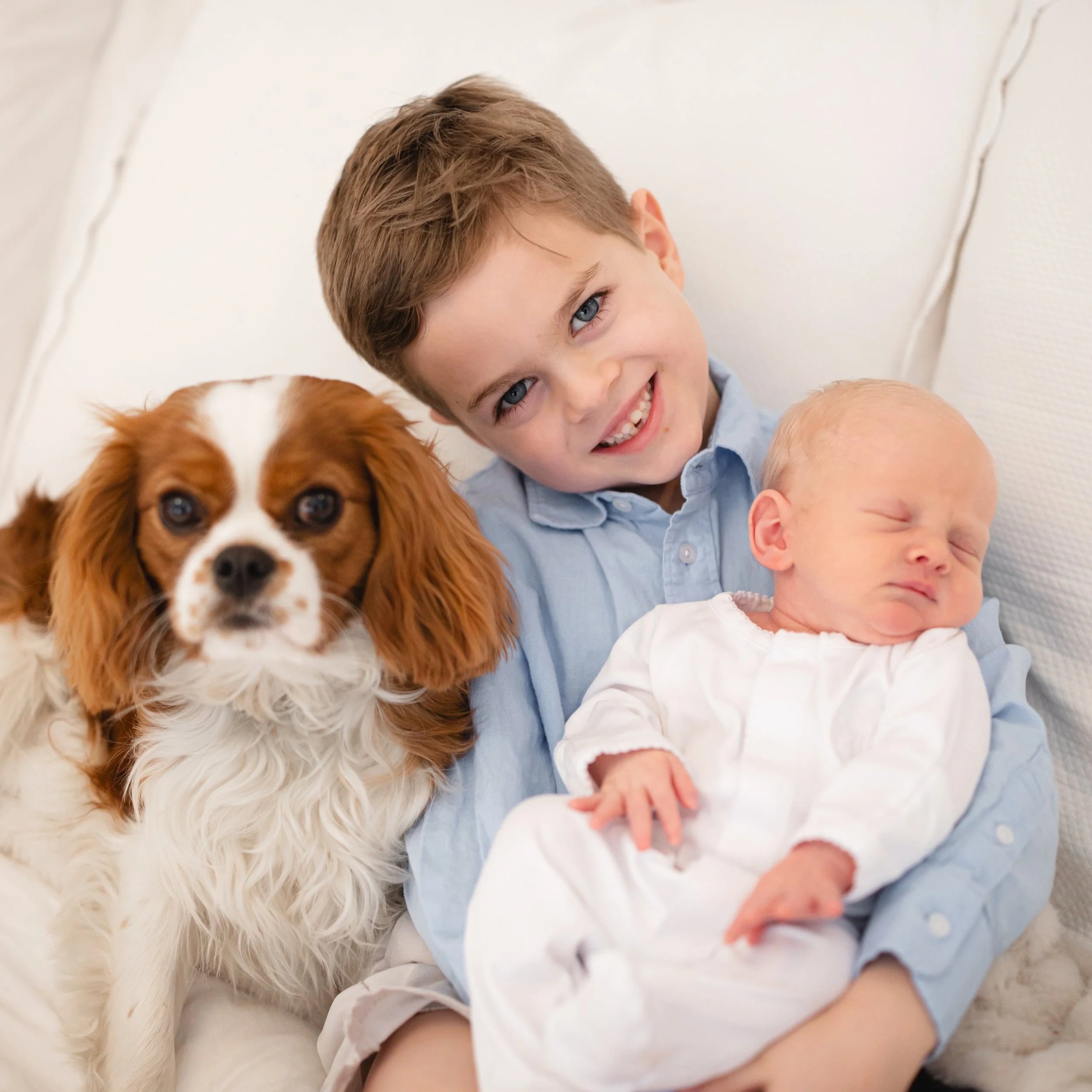 A young boy with light brown hair and blue eyes smiling and cuddling a brown and white dog. There are two babies nearby, one sleeping and one with eyes closed, dressed in white and light blue clothes. The background is a plain white wall.
