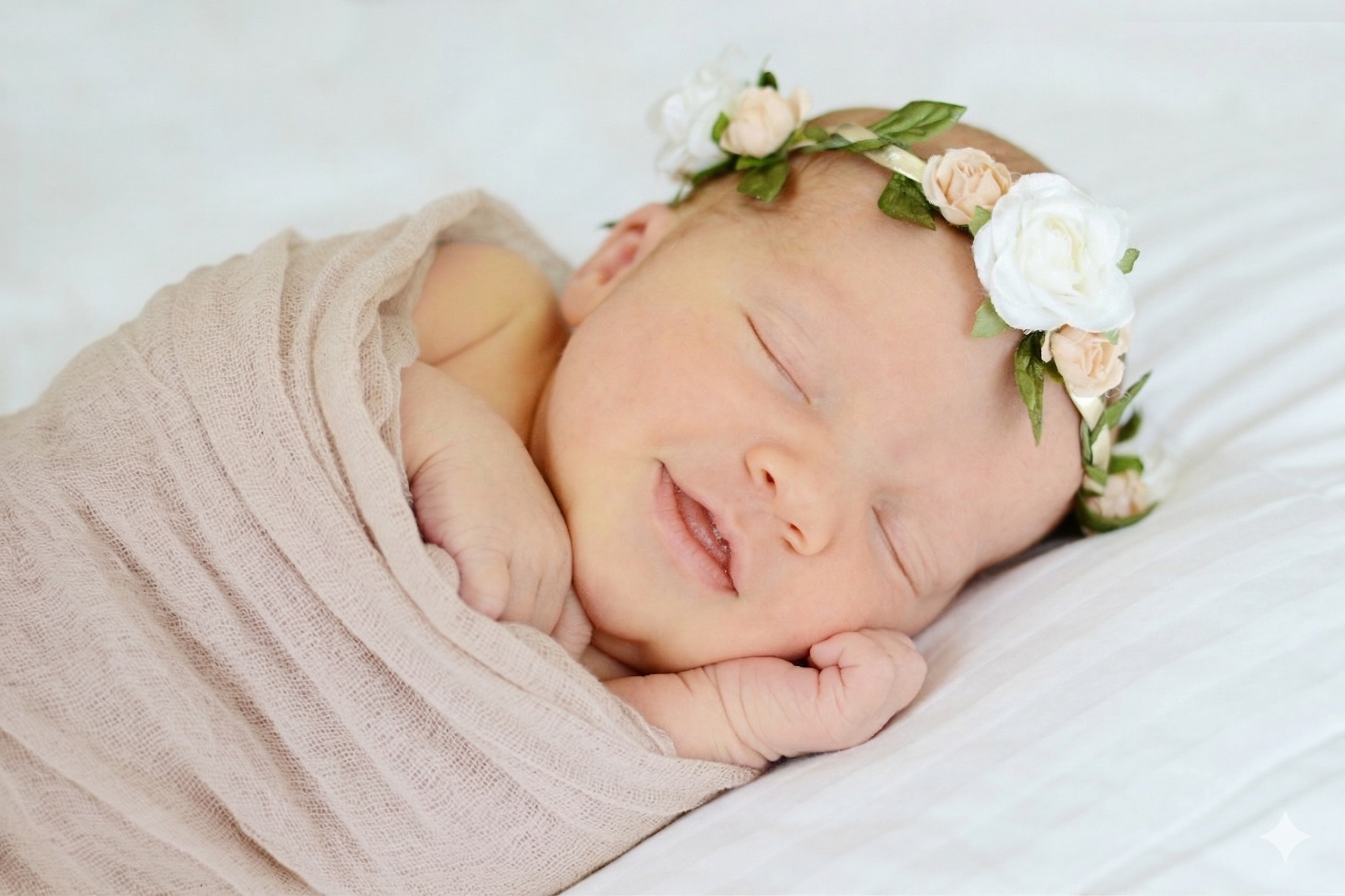 Close-up of a sleeping newborn baby wearing a flower crown, swaddled in a pink blanket.
