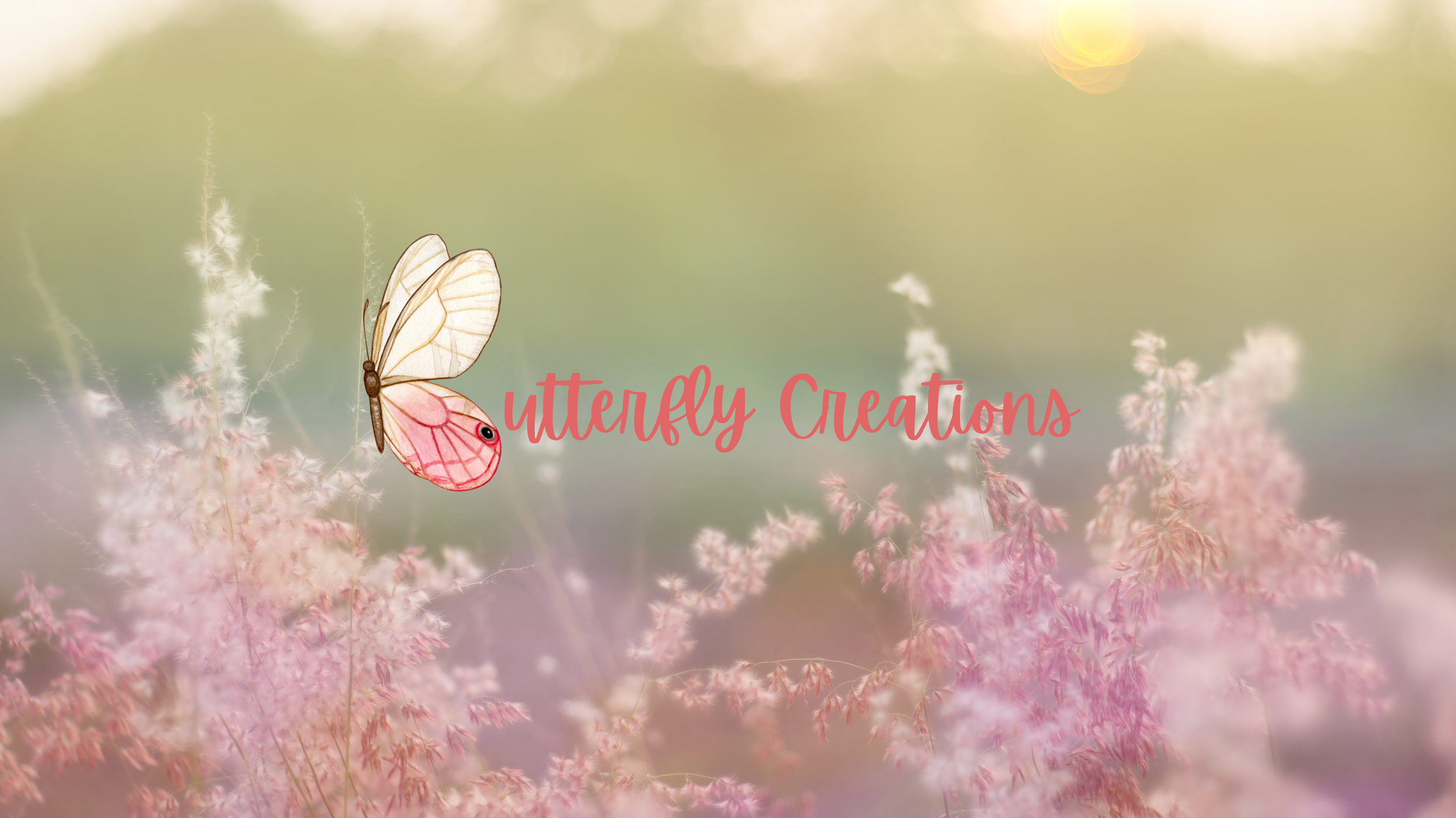 Soft-focus background of pink and purple wildflowers with a translucent winged butterfly and the text 'butterfly Creations 1979' in pink script.