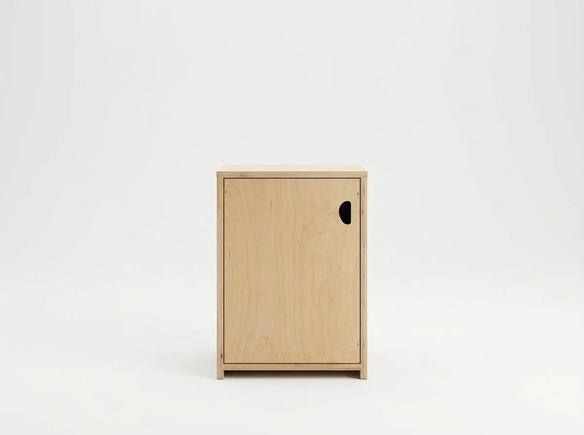 A front view of a plywood side table on a white seamless background
