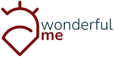 Logo with a stylized heart shape integrated with a smart watch display, accompanied by the text 'wonderful me' in blue and red.