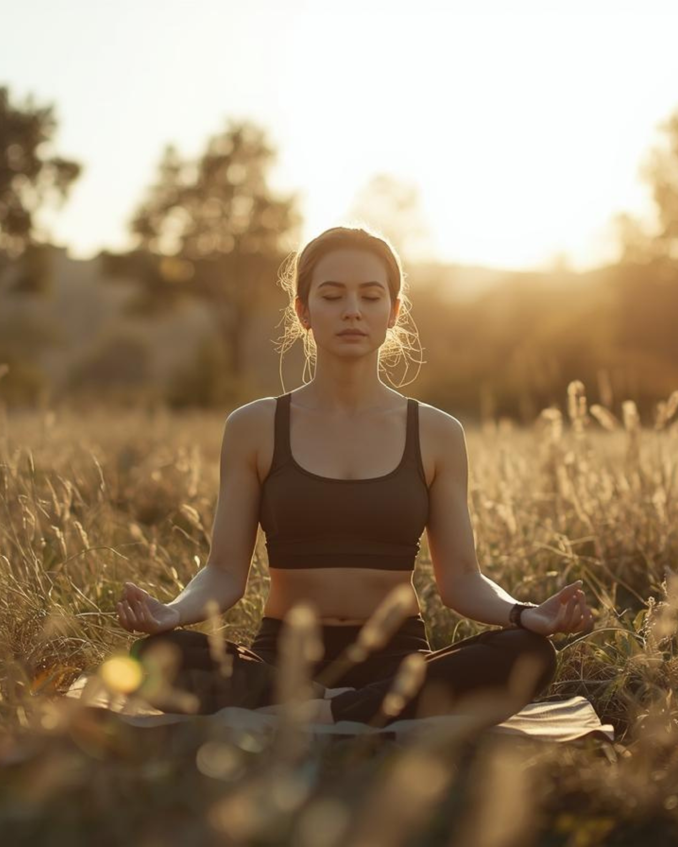 A young woman practicing yoga outdoors at sunset, sitting cross-legged on a yoga mat with a calm expression, in a field of tall grass with trees in the background.