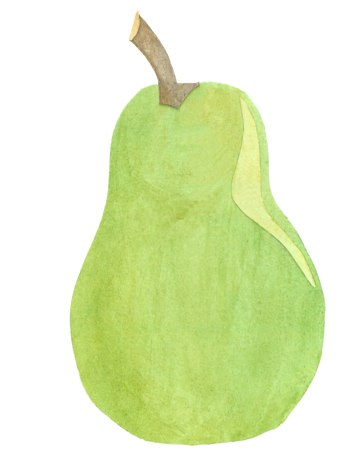 A green pear with a brown stem.