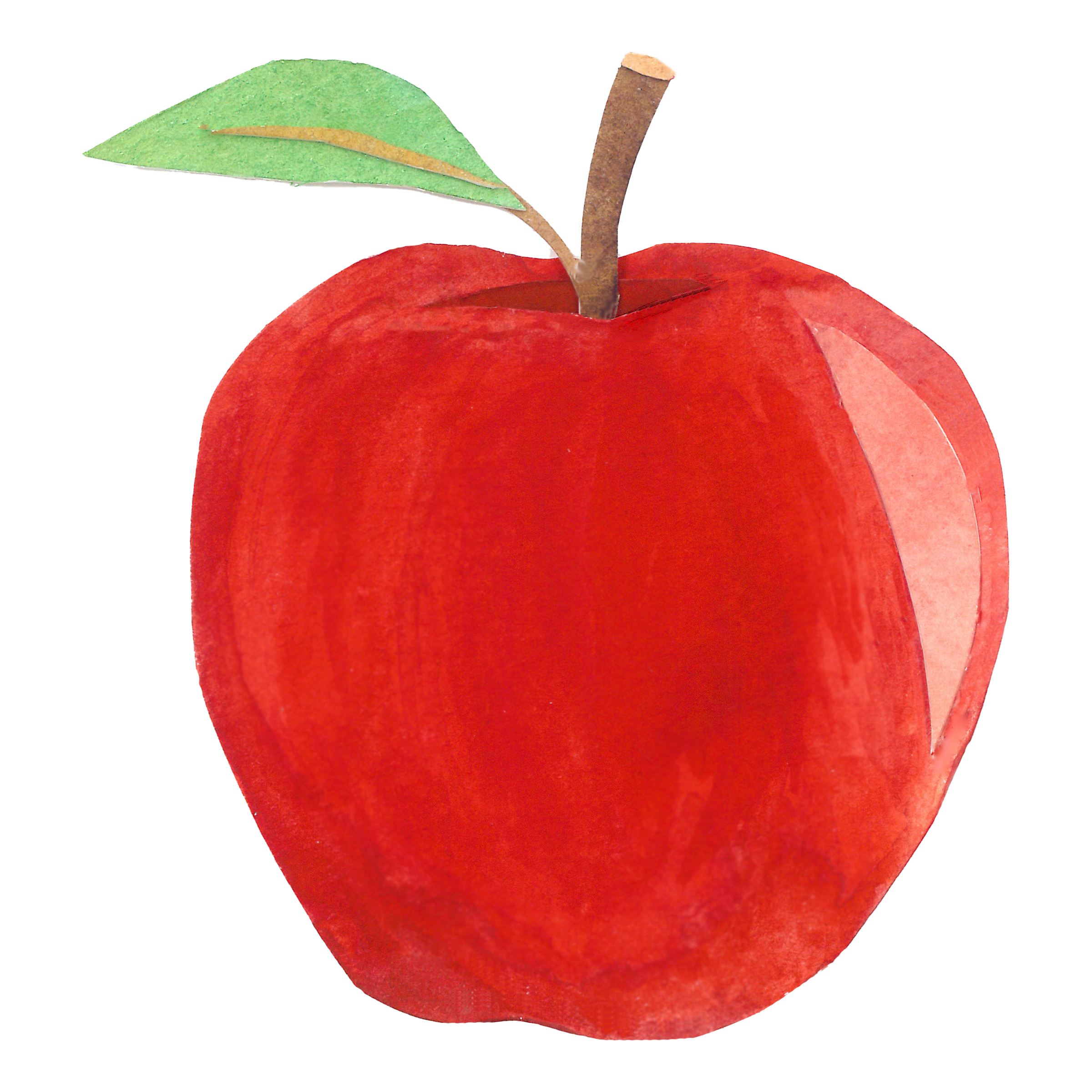 A digitally manipulated image of a red apple with a watercolor texture, featuring two leaves at the top, one green and one brown, with the apple's side showing a patch of textured watercolor effect.